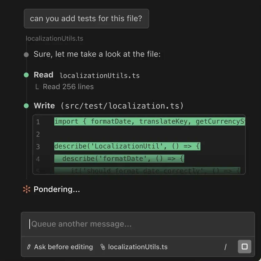 Claude Code reading a file and writing tests for it