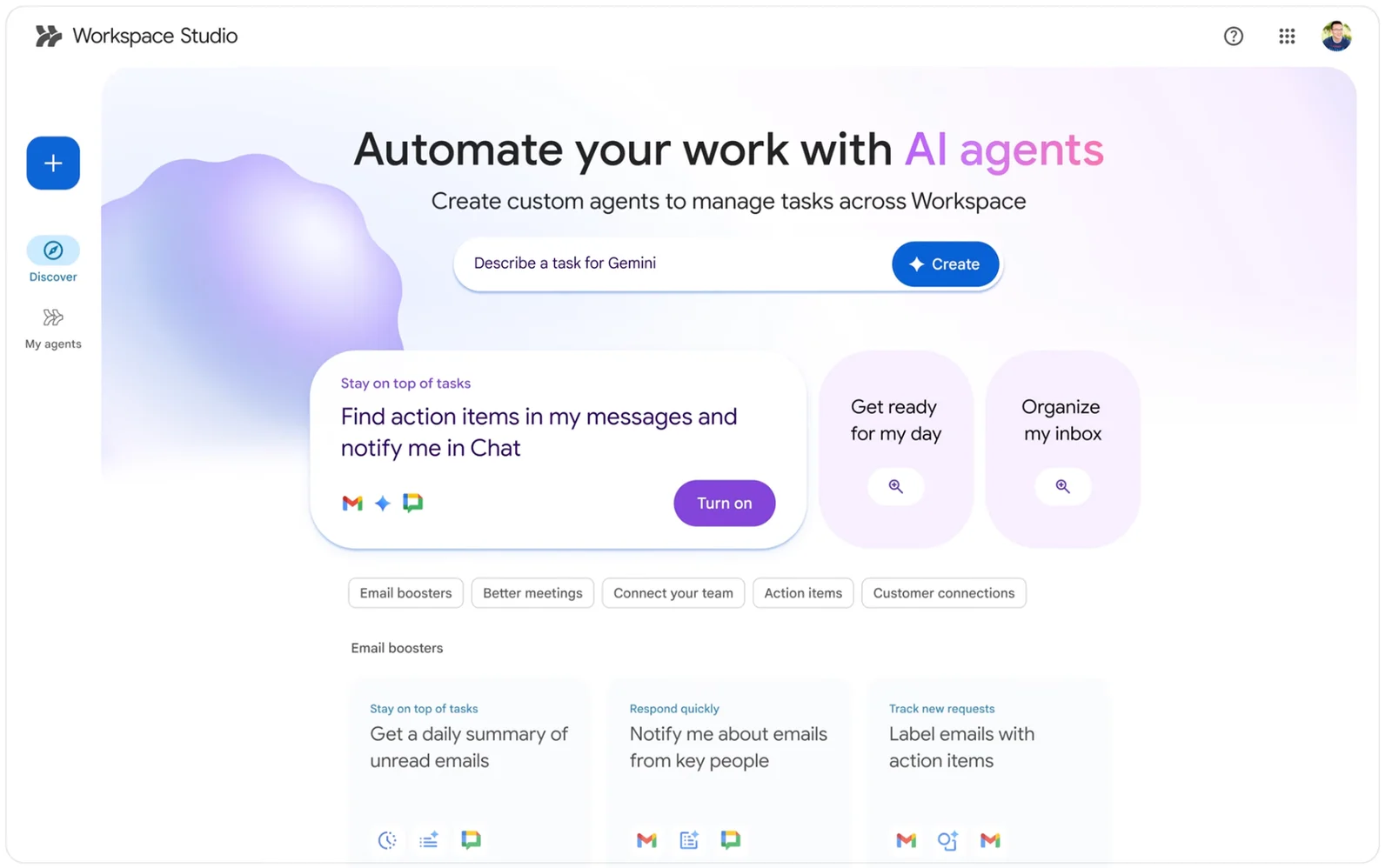 Google Workspace Studio, where AI agents are created to automate tasks across Gmail, Chat and other Workspace apps