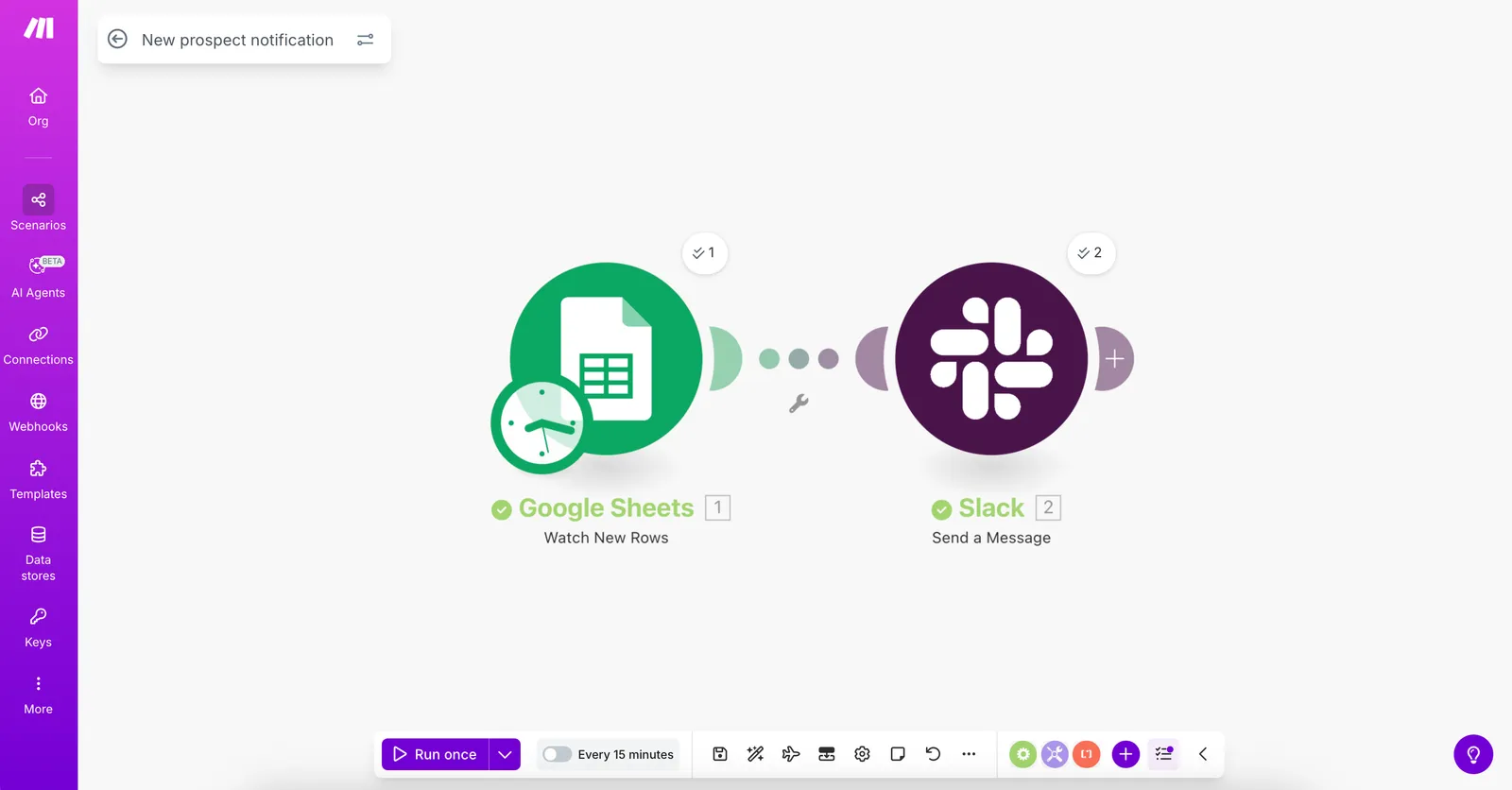 Make scenario editor with a Google Sheets module that watches for new rows and sends a message in Slack