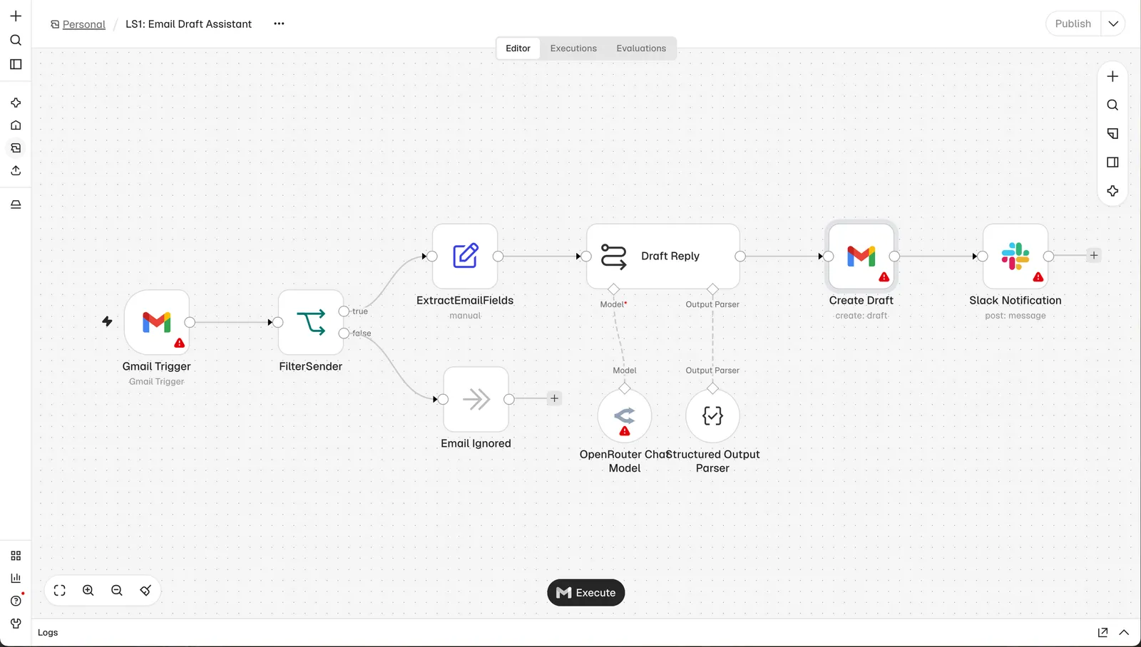 n8n workflow editor with a Gmail trigger, an AI step that drafts a reply, and a Slack notification