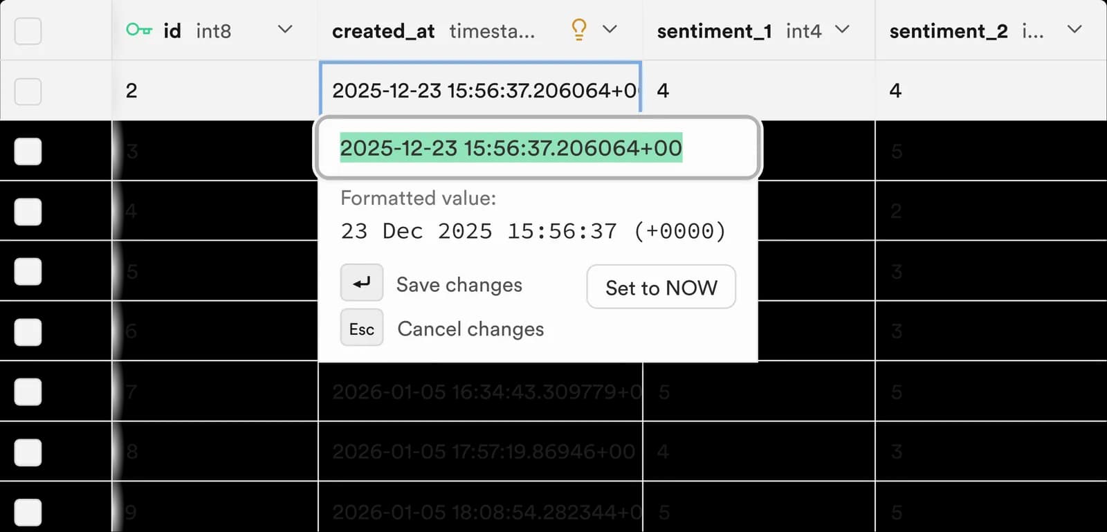 Supabase table editor with a row being edited