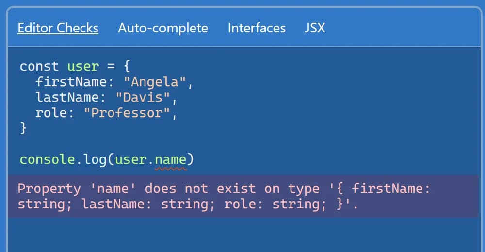 TypeScript editor flagging a property that does not exist before the code runs